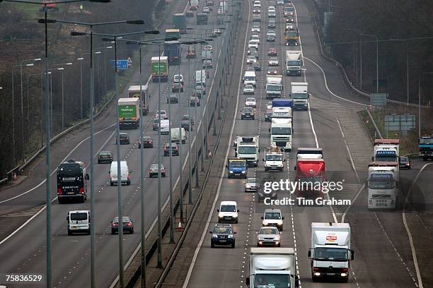 Northbound and southbound traffic on M1 Motorway near Hertfordshire, United Kingdom.