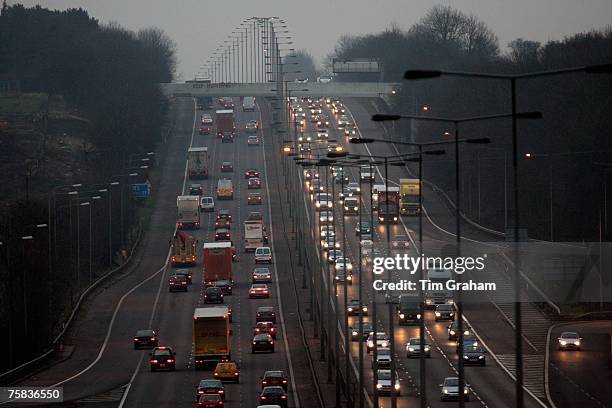 Northbound and southbound traffic on M1 Motorway near Hertfordshire, United Kingdom.