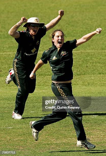 Rene Farrell of Australia celebrates a wicket during the fourth Rose Bowl Series match between the Australia Southern Stars and the New Zealand White...