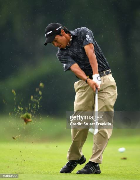 Andres Romero of Argentina plays his approach shot on the 17th hole during the third round of The Deutsche Bank Players Championship of Europe at Gut...
