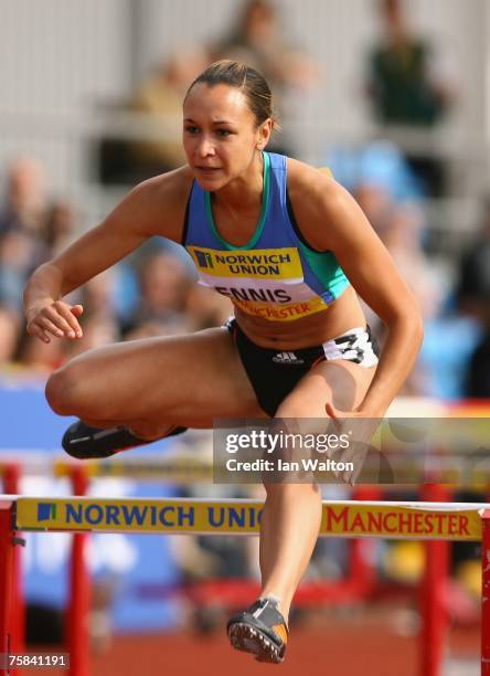 Jessica Ennis of Great Britain competes during the 100 Metres Hurdles during the Norwich Union World Trials & UK Championship at the SportCity,...