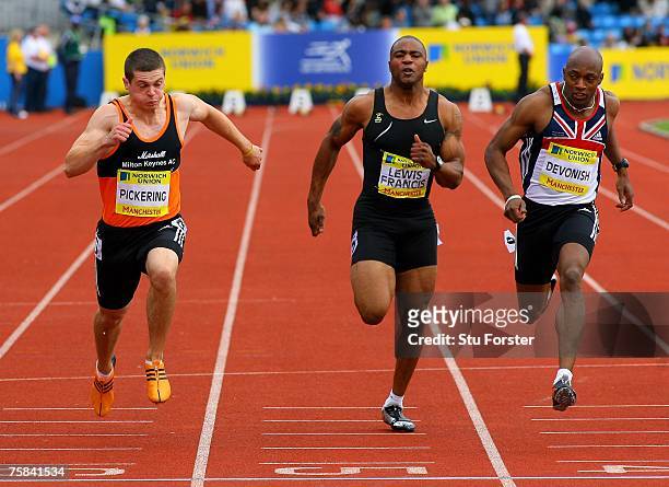Marlon Devonish beats Craig Pickering and Mark Lewis-Francis to win the Mens 100 metres final during the Norwich Union World Trials and UK...