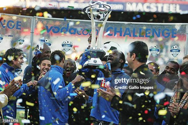 Tottenham celebrate with the trophy after the final Vodacom Challenge match between Orlando Pirates and Tottenham Hotspur held at Loftus Versfeld...
