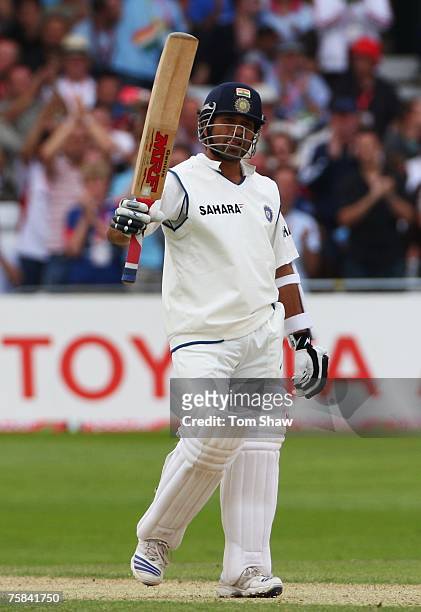 Sachin Tendulkar of India acknowledges his half century during day two of the Second Test match between England and India at Trent Bridge on July 28,...