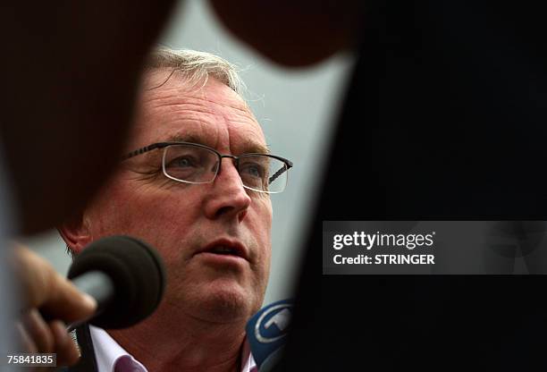 International Cycling Union President Pat McQuaid answers journalists' questions during the 19th stage of the 94th Tour de France cycling race, an...