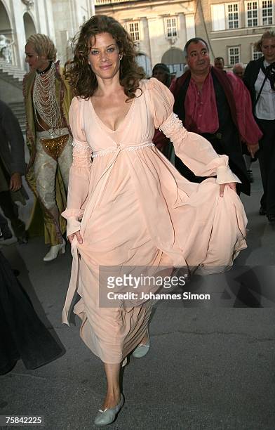 Actress Marie Baeumer leaves the stage after the premiere of "Jedermann" on July 28, 2007 in Salzburg, Austria.