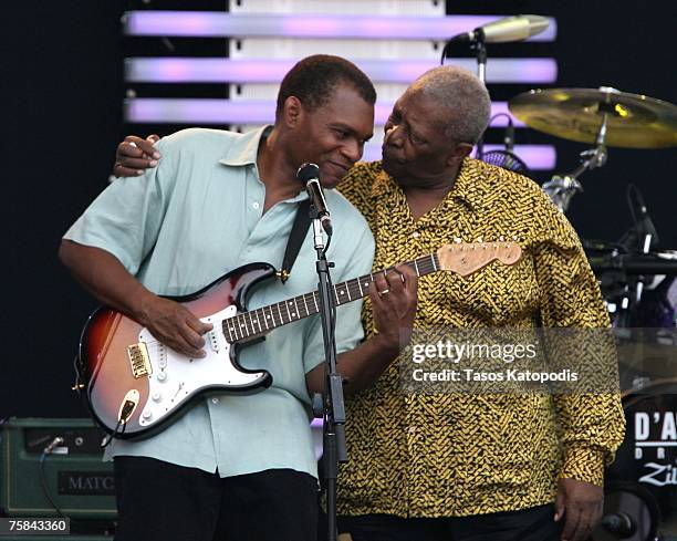 Musician B.B. King hugs musician Robert Cray following his performance at the Crossroads Guitar Festival 2007 held at Toyota Park on July 28, 2007 in...