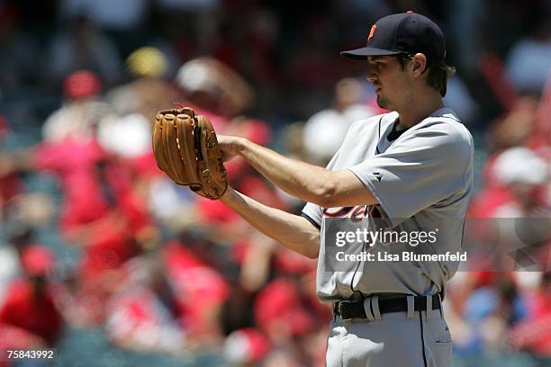 Andrew Miller of the Detroit Tigers pitches during a MLB game against the Los Angeles Angels of Anaheim at Angels Stadium July 28, 2007 in Anaheim,...