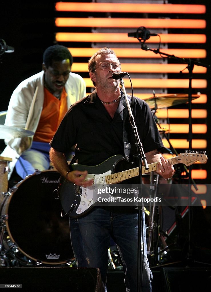 Drummer Steve Jordan and musician Eric Clapton perform during the ...