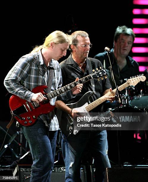 Musicians Derek Trucks and Eric Clapton perform during the Crossroads Guitar Festival 2007 held at Toyota Park on July 28, 2007 in Bridgeview,...