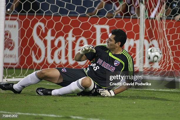 Goal keeper Dario Sala of FC Dallas can't get to the ball in time as CF Pachuca ties the game during the 2007 SuperLiga match between FC Dallas and...