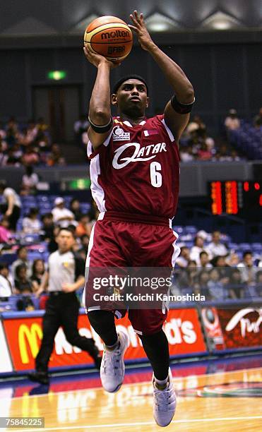 Saad Abdulrahman Ali of Qatar takes a shot against Indonesia during the 2007 FIBA Asia Championship first round game at Asty Tokushima July 29, 2007...