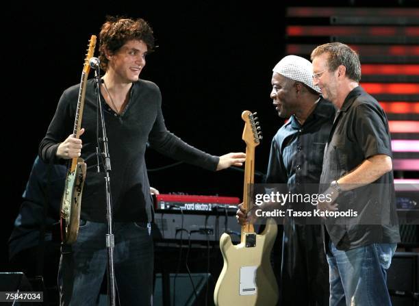 Musicians John Mayer, Buddy Guy and Eric Clapton onstage during the Crossroads Guitar Festival 2007 held at Toyota Park on July 28, 2007 in...