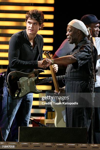 Musicians John Mayer and Buddy Guy onstage during the Crossroads Guitar Festival 2007 held at Toyota Park on July 28, 2007 in Bridgeview, Illinois.