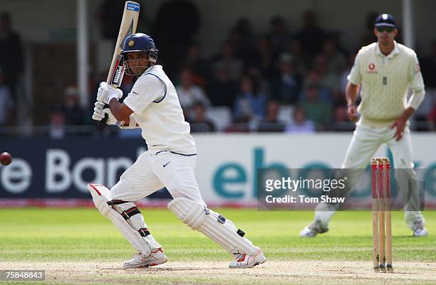 Sourav Ganguly of India hits out during day three of the Second Test match between England and India at Trent Bridge on July 29, 2007 in Nottingham,...