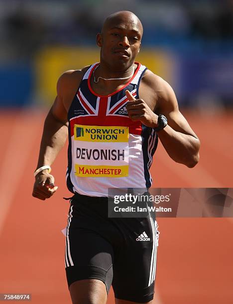 Marlon Devonish of Great Britain competes in the Men's 200 metres during the Norwich Union World Trials & UK Championship at the SportCity,...