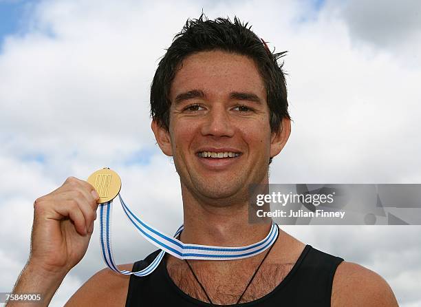 Storm Uru of New Zealand poses with his Gold medal after the Single Sculls final during the World Rowing U23 Championships at Strathclyde Country...