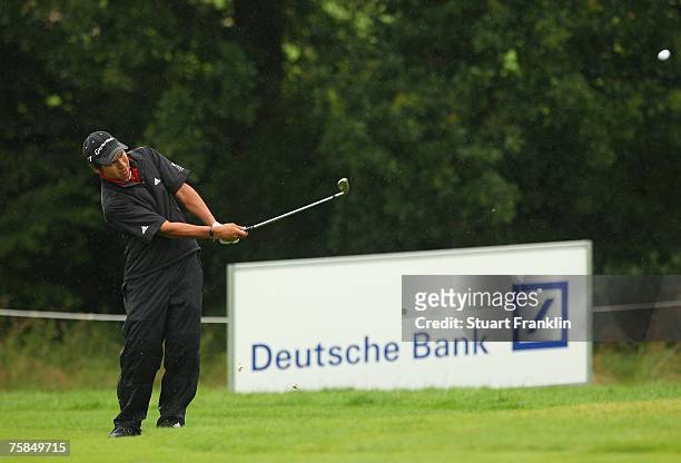 Andres Romero of Argentina plays his approach shot on the 15th hole during the final round of The Deutsche Bank Players Championship of Europe at Gut...