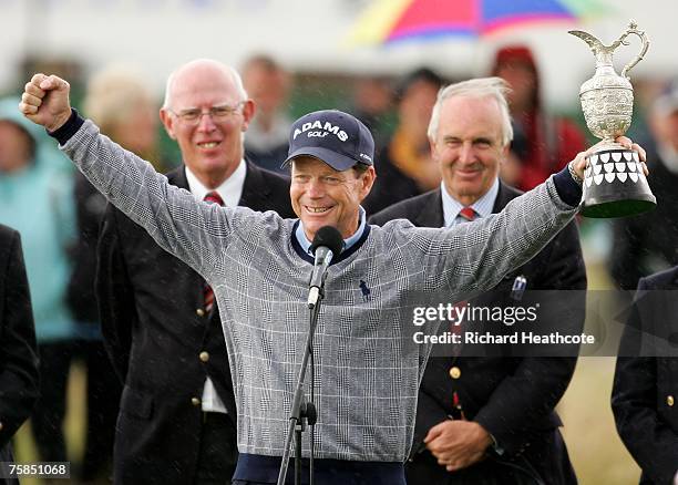 Tom Watson of the USA lifts the trophy after winning The Senior Open Championship 2007 at the Honourable Company of Edinburgh Golfers, Muirfield on...