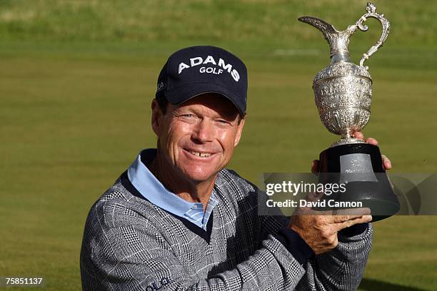 Tom Watson of the USA holds the trophy after the final round of The Senior Open Championship 2007 at the Honourable Company of Edinburgh Golfers,...