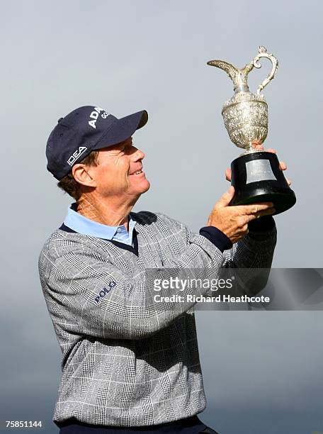 Tom Watson of the USA poses with the trophy after winning The Senior Open Championship 2007 at the Honourable Company of Edinburgh Golfers, Muirfield...