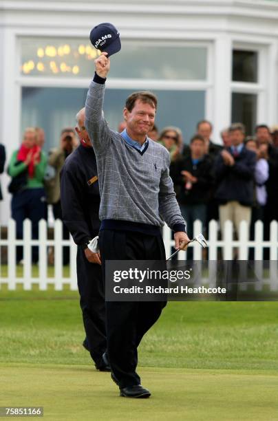 Tom Watson of the USA celebrates as he sinks the winning putt during the final round of The Senior Open Championship 2007 at the Honourable Company...