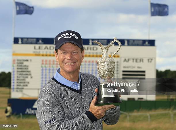 Tom Watson of the US poses with the trophy after the final round of the Senior Open Championship held at the Honourable Company of Edinburgh Golfers,...