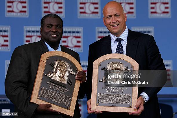 Inductee's Tony Gwynn and Cal Ripken Jr. Pose with their plaques at Clark Sports Center during the Baseball Hall of Fame induction ceremony on July...