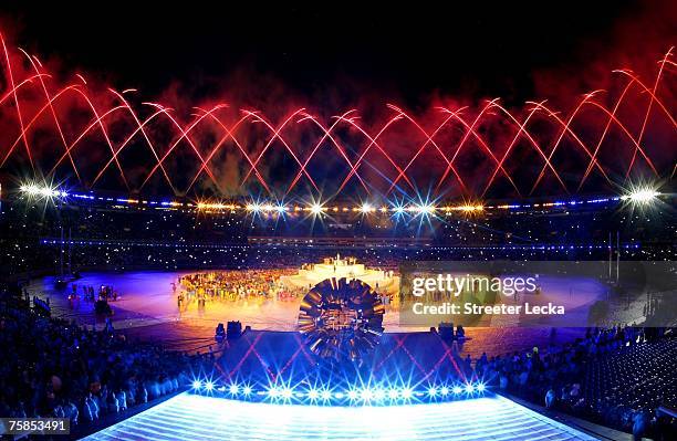 The flame burns in the cauldron during a fireworks display at the Closing Ceremony for the 2007 XV Pan American Games at Maracana Stadium July 29,...