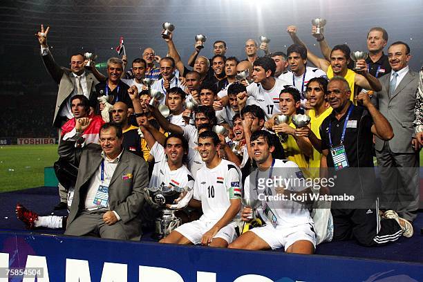Iraq players celebrate winnig the AFC Asian Cup 2007 final between Iraq and Saudi Arabia at Gelora Bung Karno Stadium on July 29, 2007 in Jakarta,...