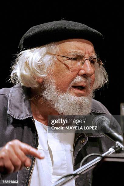 Nicaraguan poet Ernesto Cardenal delivers a speech at the National University of Costa Rica where he was presented the Honoris Causa Doctorate at...