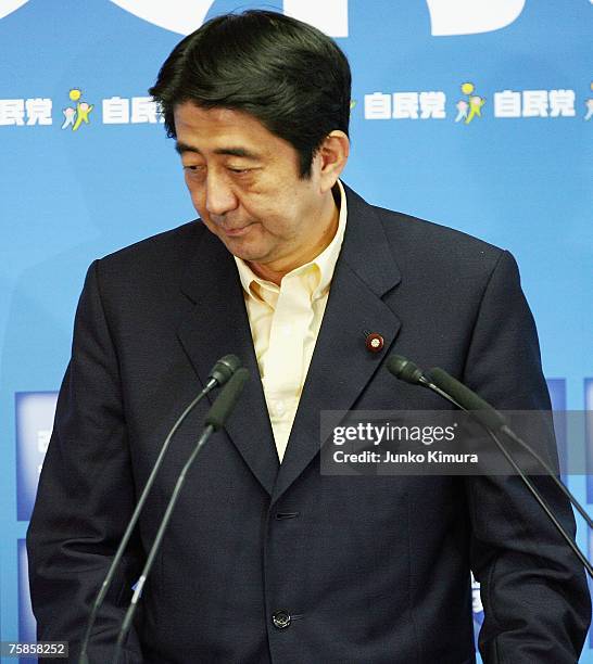 Japanese Prime Minister Shinzo Abe speaks at a press conference at the Liberal Democratic Party headquarters on July 30, 2007 in Tokyo, Japan....