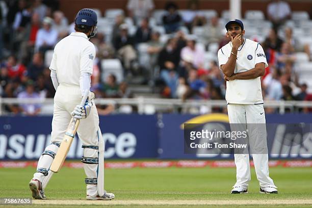 Zaheer Khan of India talks to Michael Vaughan of England during day four of the Second Test match between England and India at Trent Bridge on July...