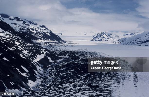 The boulder and ice field of Portage Glacier are viewed in this 1985 Portage Glacier, Anchorage, Alaska, aerial landscape photo.