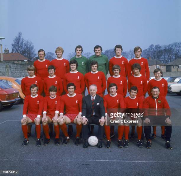 The 1971 Liverpool F.C. Cup Final squad. Players include goalkeeper Ray Clemence , Larry Lloyd and Emlyn Hughes . Manager Bill Shankly is seated...