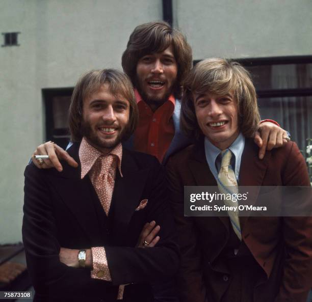 Maurice , Barry and Robin Gibb of the British pop group the Bee Gees, circa 1973.