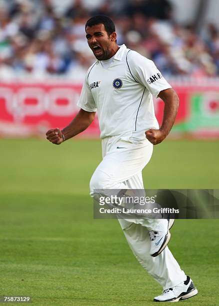 Zaheer Khan of India celebrates the wicket of Michael Vaughan of England during day four of the Second Test match between England and India at Trent...