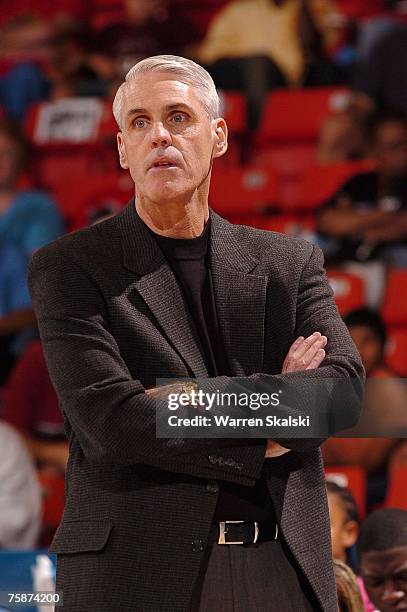 Head coach Brian Winters of the Indiana Fever looks on during the WNBA game against the Chicago Sky on July 23, 2007 at the UIC Pavilion in Chicago,...