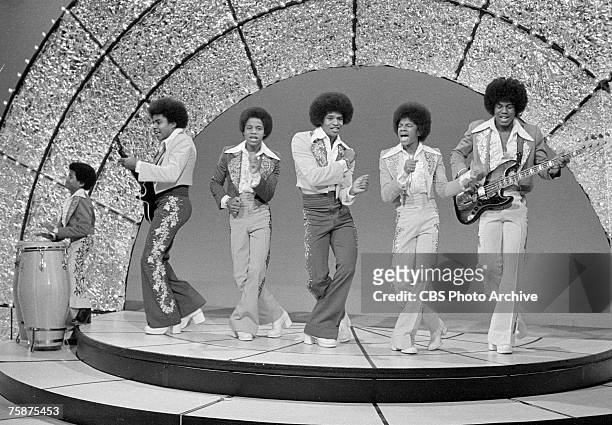 Popular American singing group The Jackson Five perform on an episode of 'The Sonny and Cher Comedy Hour,' January 18, 1973. Pictured are, from left,...