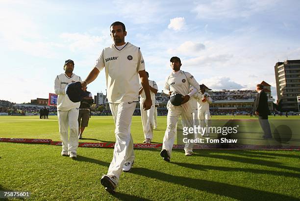 Zaheer Khan of India walks off after finishing with figures of 5-75 during day four of the Second Test match between England and India at Trent...