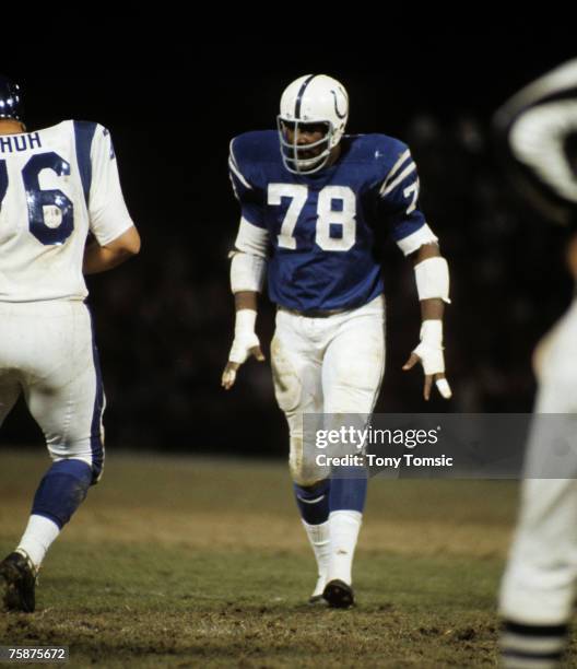 Baltimore Colts defensive end Bubba Smith comes to the line during a 24-17 victory over the Los Angeles Rams on November 8 at Memorial Stadium in...