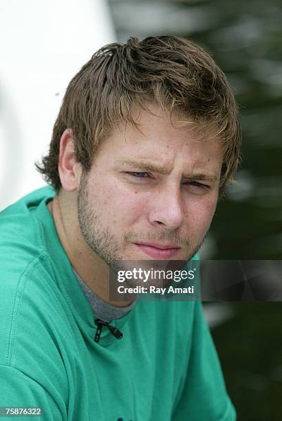 Star Josh McRoberts of the Portland Trailblazers is interviewed during NBA Day at Seeds of Peace camp which teaches basketball fundamentals and...