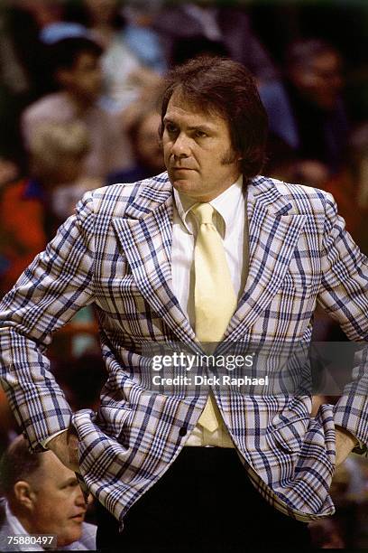 Boston Celtics head coach Tom Heinsohn looks on during an NBA game circa 1970-1978 at the Boston Garden in Boston, Massachusetts. NOTE TO USER: User...