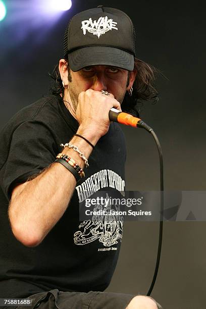 Singer Randy Blythe of the band Lamb of God performs on the main stage at Ozzfest 2007 at Verizon Wireless Amphitheater.