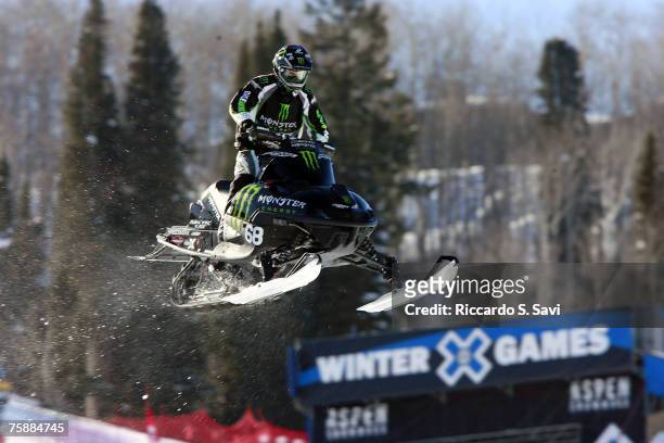 Tucker Hibbert in action during the Snowmobile Snocross Practice at Winter X Games 11 at Buttermilk Mountain in Aspen, Colorado on January 25, 2007.