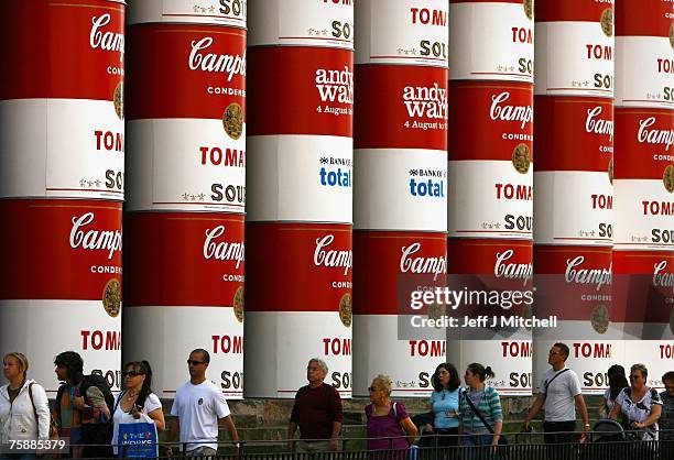 Enlarged replicas of Campbell's soup cans are wrapped around the columns of the National Gallery of Scotland to mark the 20th anniversary of the...