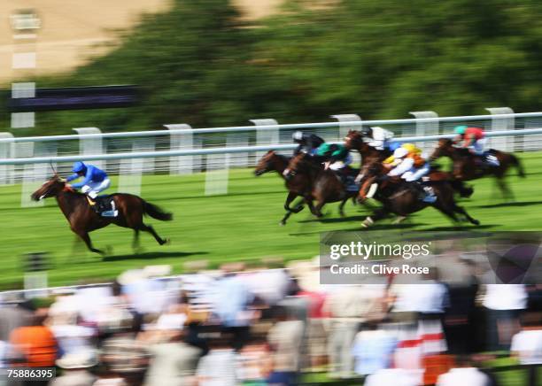 Scriptwriter ridden by Kerrin McEvoy breaks clear to win the Detica Summer Stakes run at Goodwood Racecourse on July 31 in Goodwood, England. Today...