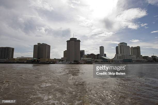 The New Orleans downtown sky-line as seen from the Canal Street-Algiers ferry crossing the Mississippi River from New Orleans to Algiers in New...
