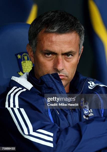 Chelsea manager Jose Mourinho looks on during the pre-season friendly between Brondby and Chelsea at the Brondby Stadium on July 31, 2007 in...