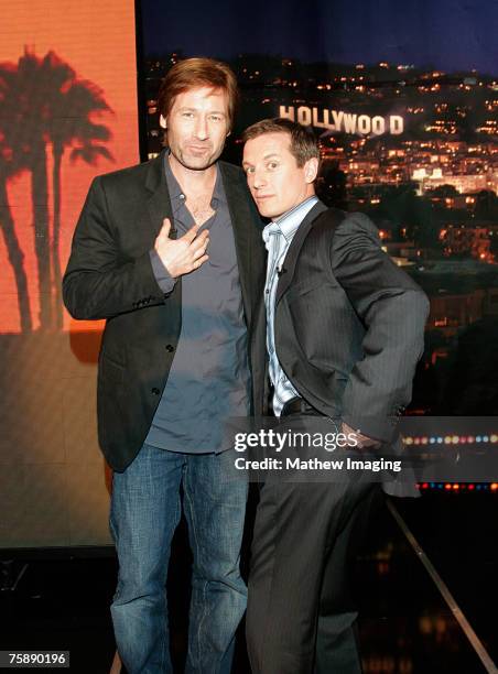 Actor David Duchovny and talk show host Rove a on the Rove Primetime Chat Show held at CBS Television City on July 28, 2007 in Los Angeles,...